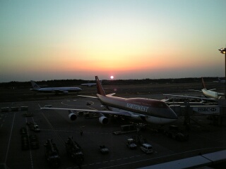 View from Narita Airport terminal No.1 to the airplanes and the sunset.
